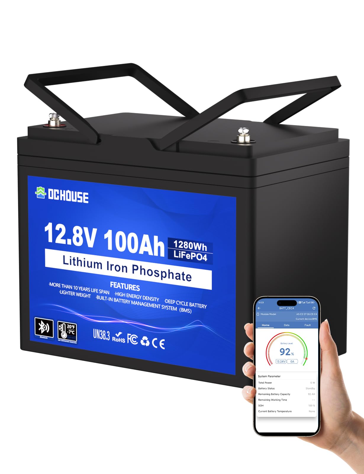 DCHOUSE12V 100Ah Group 31 Bluetooth LiFePO4 Battery, Built-in 100A BMS with Low-Temp Protection, Deep Cycle Lithium Battery, 5000+ Cycles, Perfect for RV, Solar System, Trolling Motors etc.