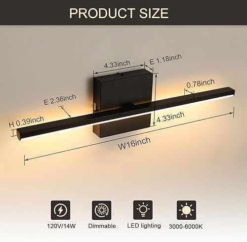 Miniatura 3 de Moderna lámpara de tocador de baño de 16 pulgadas, 14 W, lámpara de baño negra sobre el espejo, regulable 5CCT LED iluminación de pared para espejo