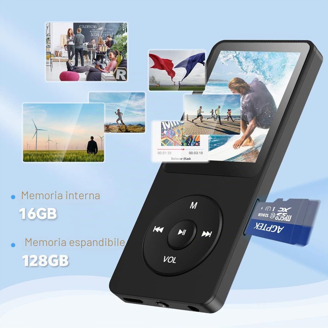 AGPTEK Lettore MP3 Classico 16 GB, Fino a 70 Ore di Autonomia, Schermo da 1,8 Pollici, Design Compatto e Portatile, Riproduzione Musicale HiFi senza Perdite, Espandibile fino a 128 GB con Scheda TF