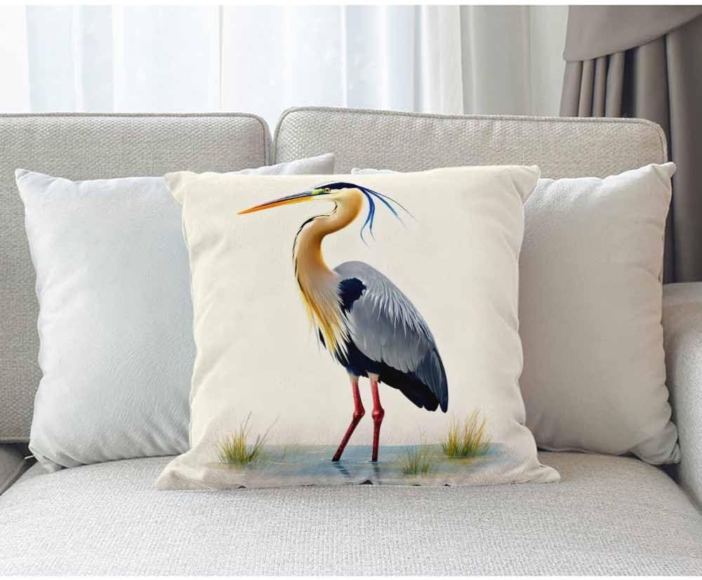 Grey Heron in Water Throw Pillowcase Ecology Natural Watercolor Naturalism Cotton Linen Printed Throw Pillow Case for Sofa Couch Chair Bedroom Square 20"X 20" Cushion image 2