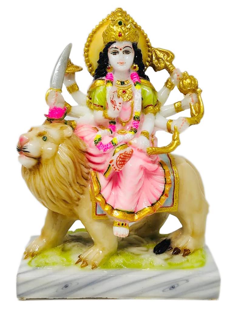 Divine Gifts Marble Dust Goddess Durga Devi MATA Sherawali Idol, 9 Inches, Pink Colour, 1 Piece