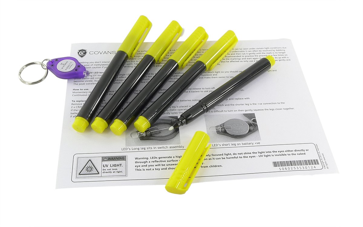 Covans 5 x UV Ink Permanent Marker Pen. Ultra Violet Security Markers. Complimentary UV Blacklight LED Light Torch.