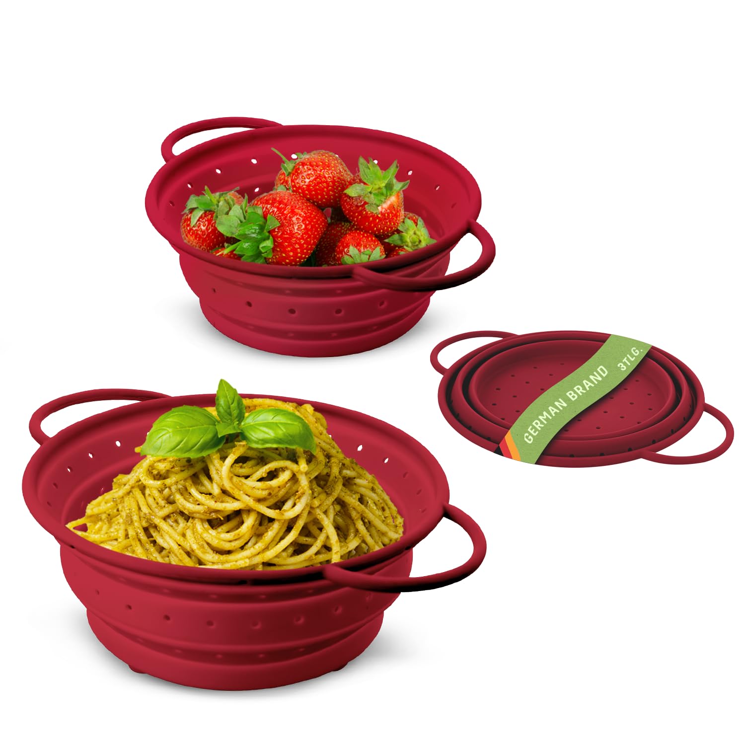 Coolinato Silikonowy zestaw 3 sitek, składany, nadający się do mycia w zmywarce, cedzak do makaronu, wkład do parowaru, cedzak kuchenny, 16 cm, 20 cm i 24 cm, czerwony