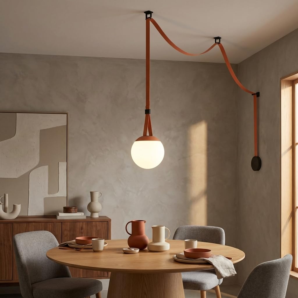 BARCELONA LED Axia 4 Lámpara Colgante LED Bola Opal 12W con Cinta Textil Conductora Color Ladrillo 5m, Gran Lámpara Colgante de Diseño Artístico y, Sistema Iluminación Configurable 2700K