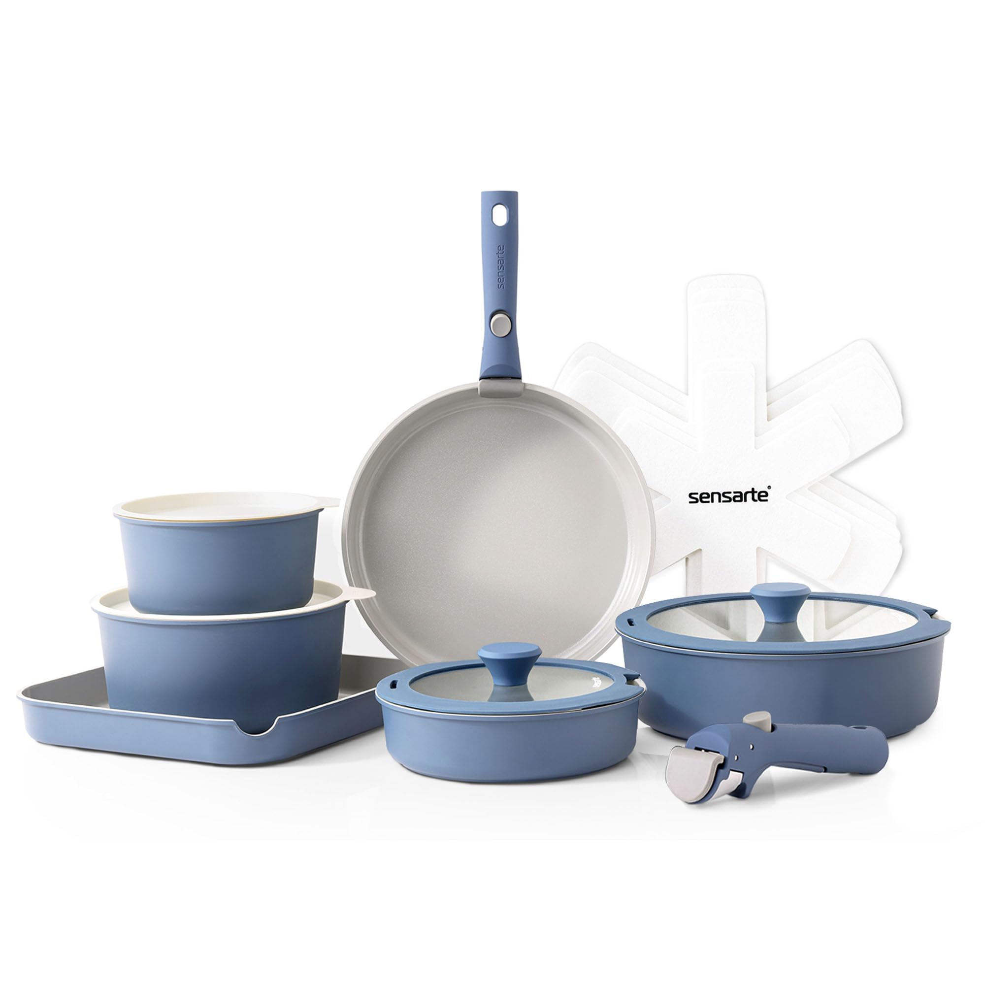 SENSARTE Set di Pentole 17 Pezzi con Manici Rimovibili, Antiaderente in Ceramica, Compatibile con Induzione e Gas, Include Padelle, Casseruole e Grill, Impilabile e Lavabile in Lavastoviglie Blu 17 pezzi