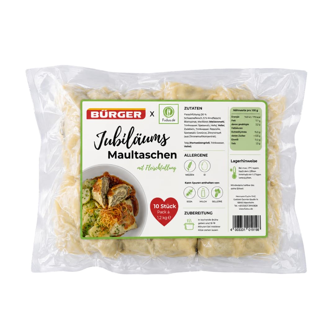BÜRGER x Fuduu.de - Jubiläums-Maultaschen mit Fleischfüllung, 1,2 kg Beutel, traditionelle schwäbische Maultaschen, Manufaktur-Maultaschen (3 x 1,2kg)
