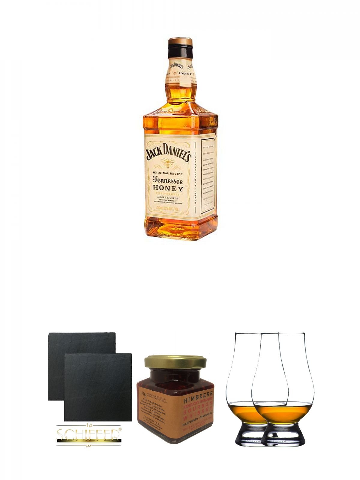 Jack Daniels Honey Whisky Likör 1,0 Liter + Schiefer Glasuntersetzer eckig ca. 9,5 cm Ø 2 Stück + Kentucky Bourbon Himbeer-Marmelade 150 Gramm Glas + The Glencairn Glass Whisky Glas Stölzle 2 Stück
