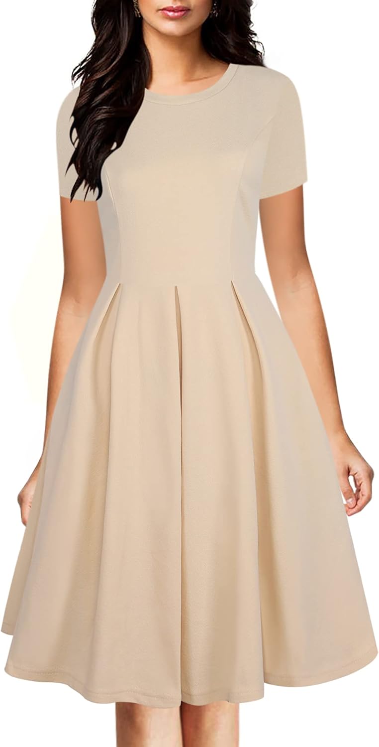 Vintage half sleeve contrast swing dress with pockets for women