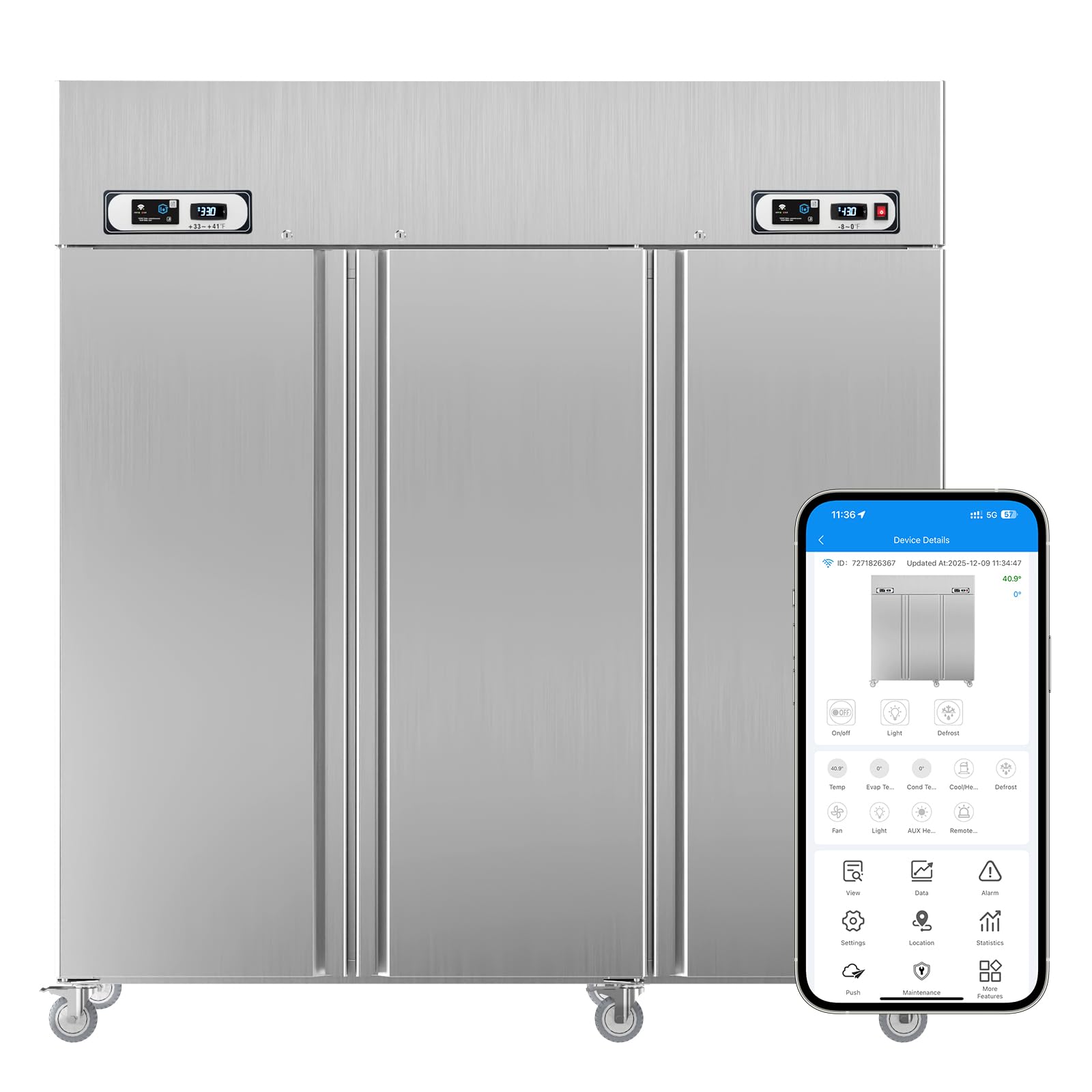 VEECOOL Commercial Refrigerator Freezer Combo WiFi with Smart App Control, 72" 54 Cu.Ft Dual Temperature Upright Freezer, 3 Door 3 Section Stainless Steel Reach in Fridge for Restaurant Church School