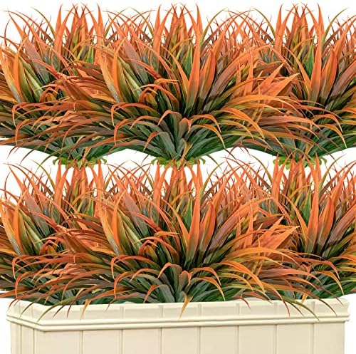 LUZOGA 12 Pcs Outdoor Fake Plants UV Resistant Artificial Tropical Plants Fake Grass for Home Window Garden Office Patio Hanging Planter Pathway Front Porch（Sunset Red）