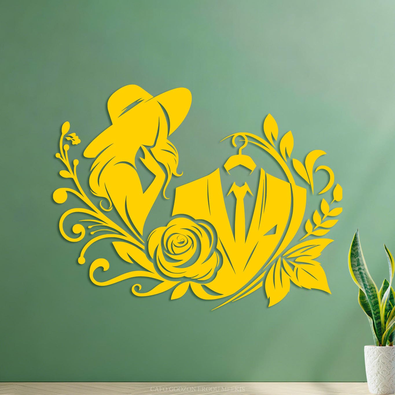 Lettering Stickers Elegant Silhouette of a Women in a hat and a Suit on a Hanger Adorned with Floral Motifs 54.6x69.8cm Removable Without Leaving Glue Yellow