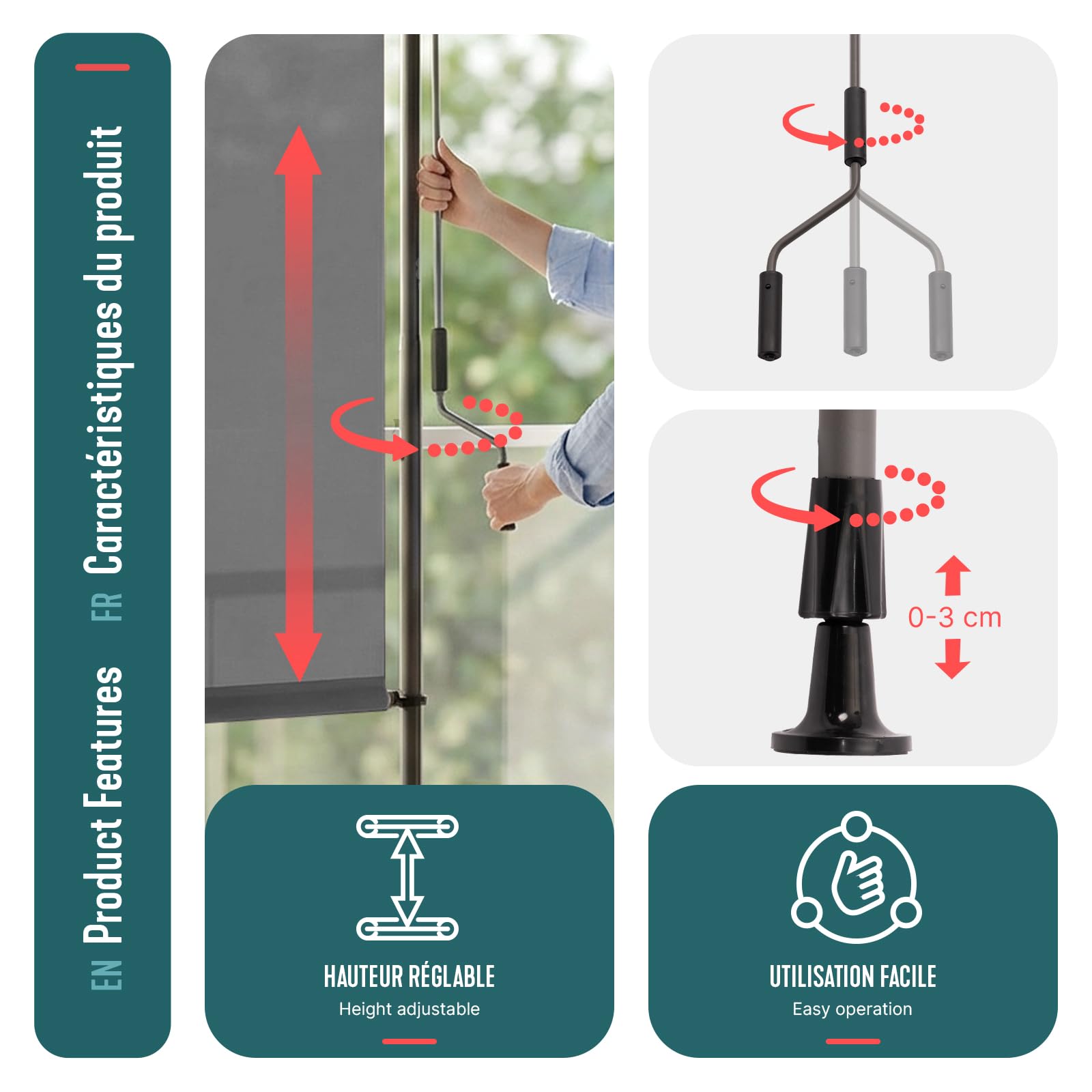 VOUNOT® Tenda da Sole Verticale 100 x 310 cm Senza Fori con Manovella, Tenda Estensibile da Esterno Protezione Solare UV e Resistente alle Intemperie per Balcone, Terrazza e Giardino, Grigio