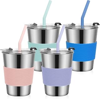 Kids Cups with Straws and Lids,12oz Spill Proof Toddlers Straws Tumbler with Lids,Stainless Steel Smoothie Sippy Cups with Lid for School,Outdoor, 4 Pack
