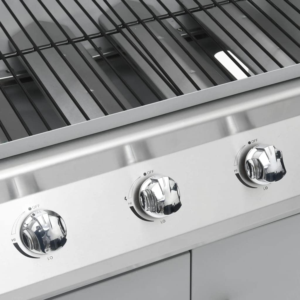 Barbecue a gas 4+1 in acciaio inox con bruciatore laterale e mobiletto inferiore, carrello con coperchio, termometro e vaschetta raccogligrasso per terrazza e giardino