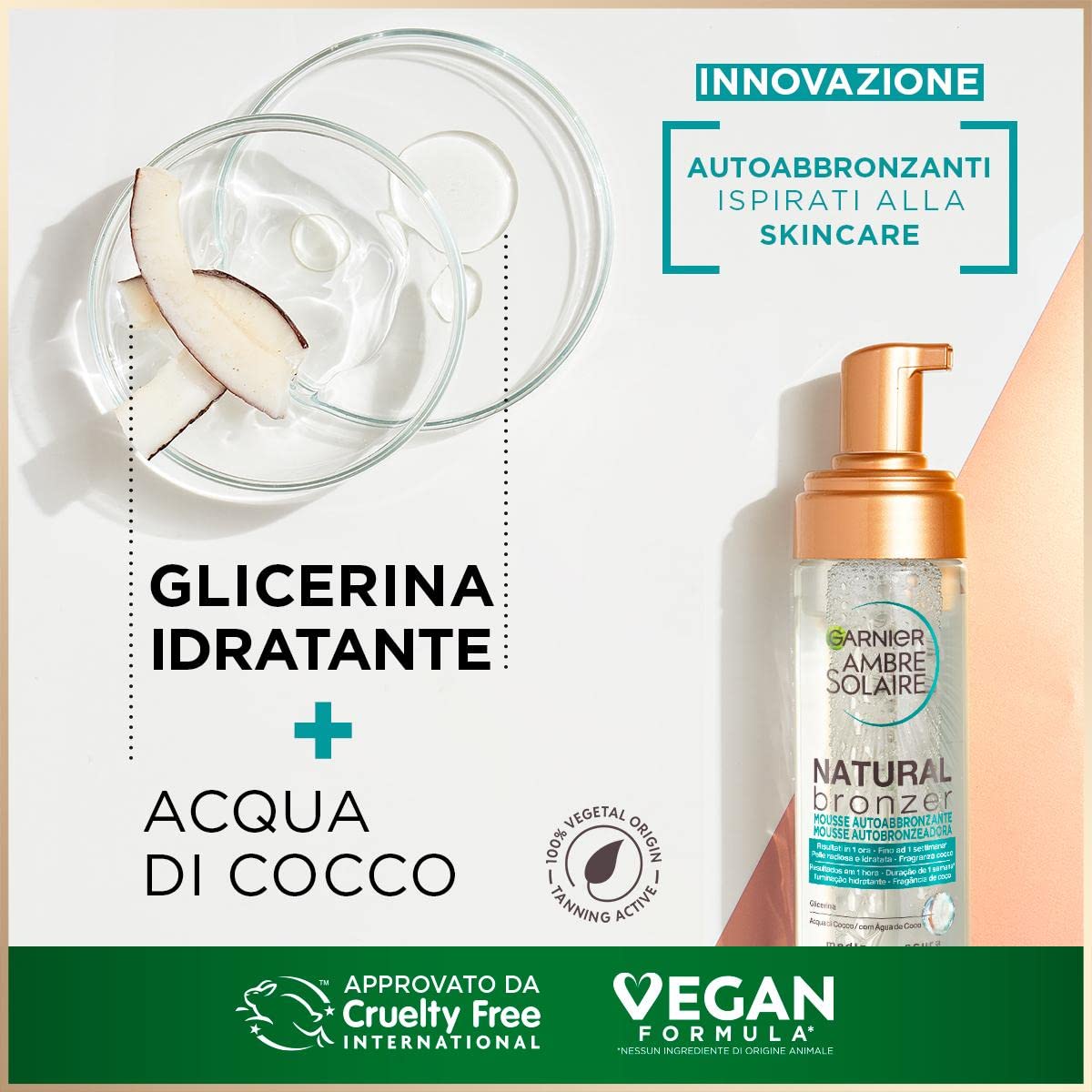 Garnier Ambre Solaire Mousse Autoabbronzante Natural Bronzer, Viso e Corpo, Per un'Abbronzatura Naturale fino ad Una Settimana, Formula Vegana Arricchita con Acqua di Cocco Idratante, 200 ml