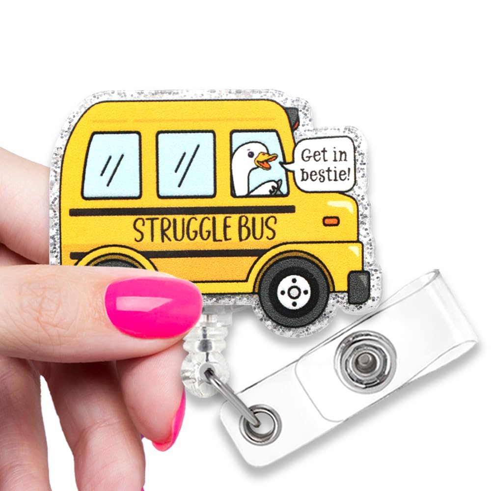 ZBBFSCSB Cute Struggle Bus Glitter Badge Reel, Retractable Nurse Office Identity Job ID, Funny Bus Badge Reel for Doctors Nurses School Bus Drivers
