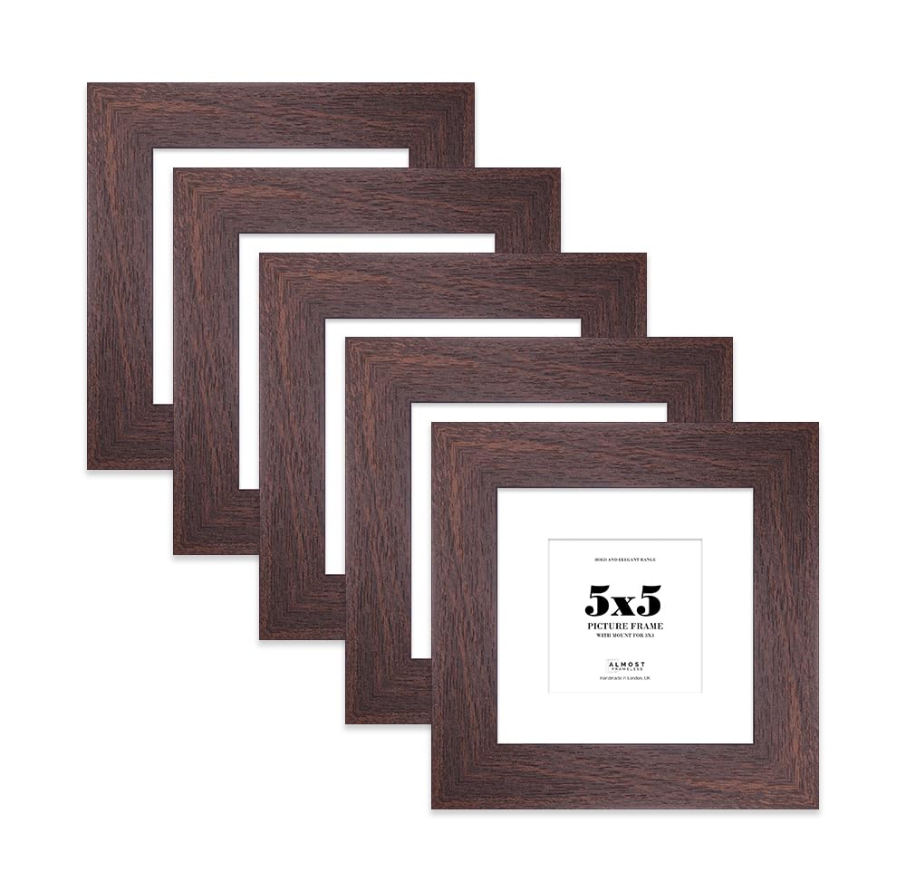 5x5" Walnut Square Frame With Mount for 3x3" Pictures 28mm Edge Frame Display with Wall Hooks and Kickstand, 5 Pack