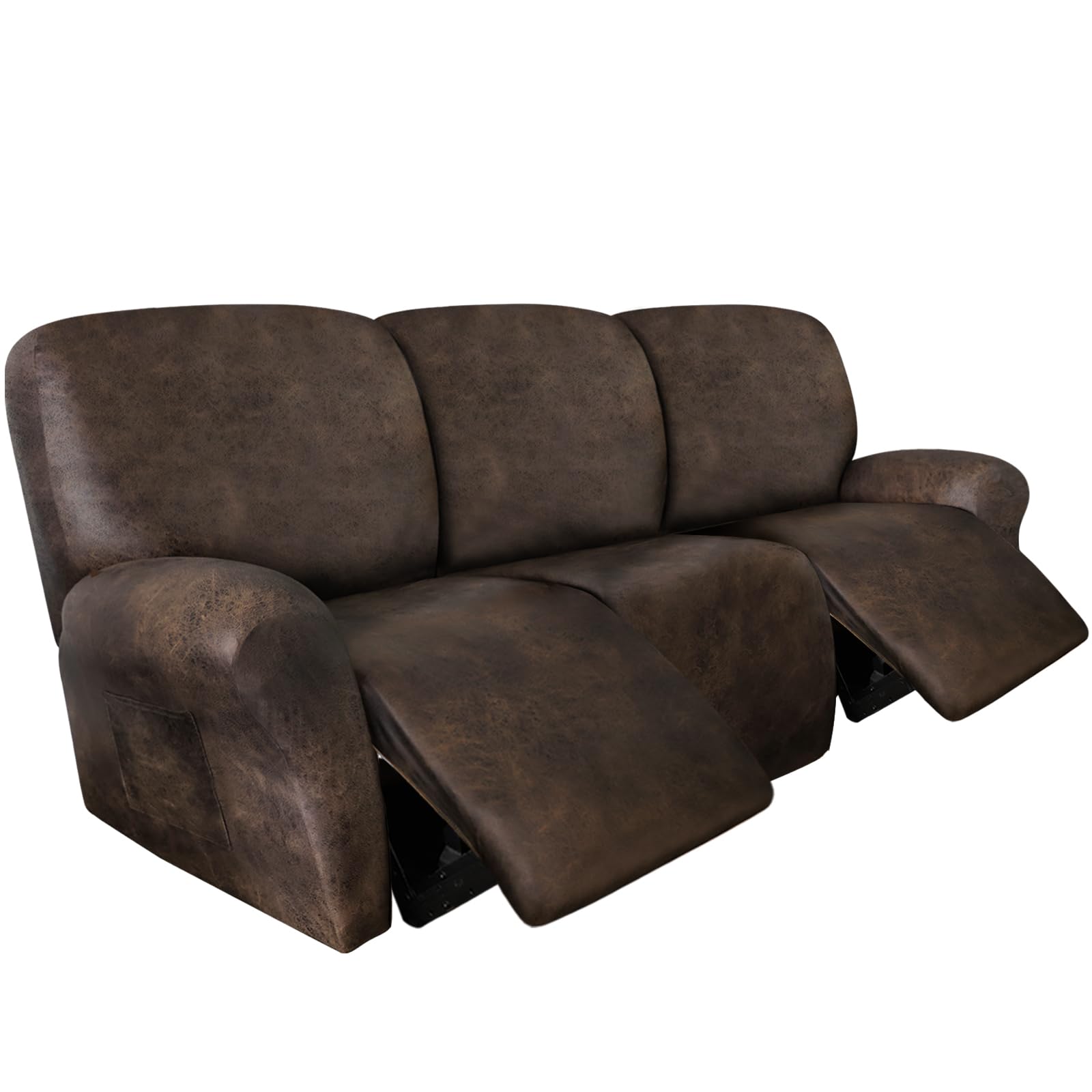 3 Seater Recliner Sofa Slipcovers 8-Piece Leather Look Spandex Washable Protector for Reclining Couches (Brown)