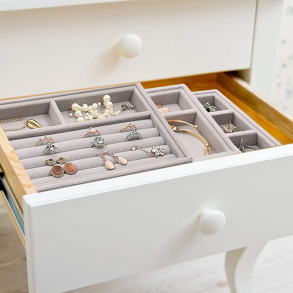 Velvet Jewelry Drawer Inserts Trays, Earring Organizer Stackable Jewelry Display Trays, Box Ring Holder Necklace Case, Storage for Bracelet Brooch Watch, Set of 4 (Gray) : Clothing, Shoes & Jewelry