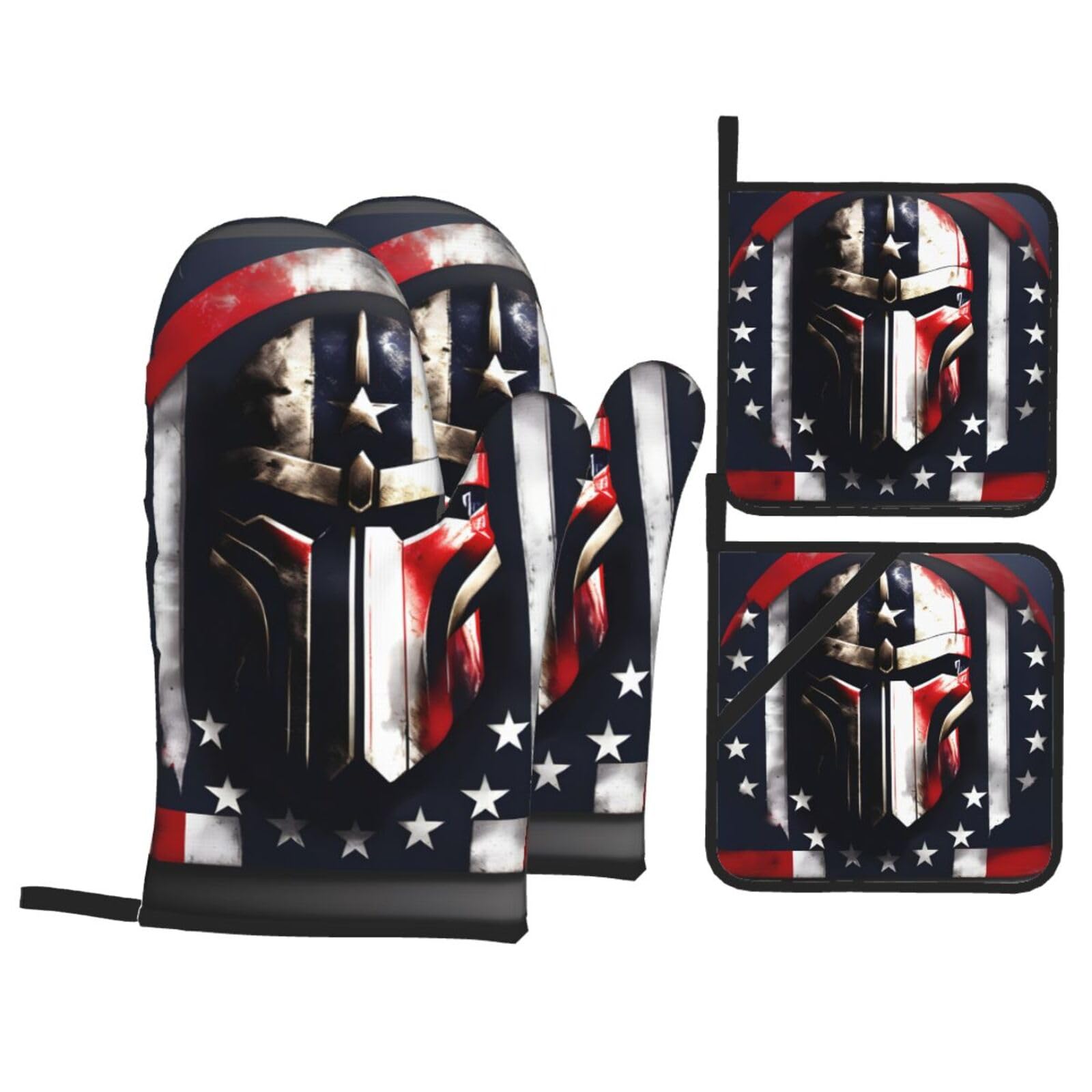 Nimongt Black Usa Flag American Spartan Print Heat-Resistant 4-Piece Oven Kitchen Gloves For Baking Cooking Microwaving Essentials