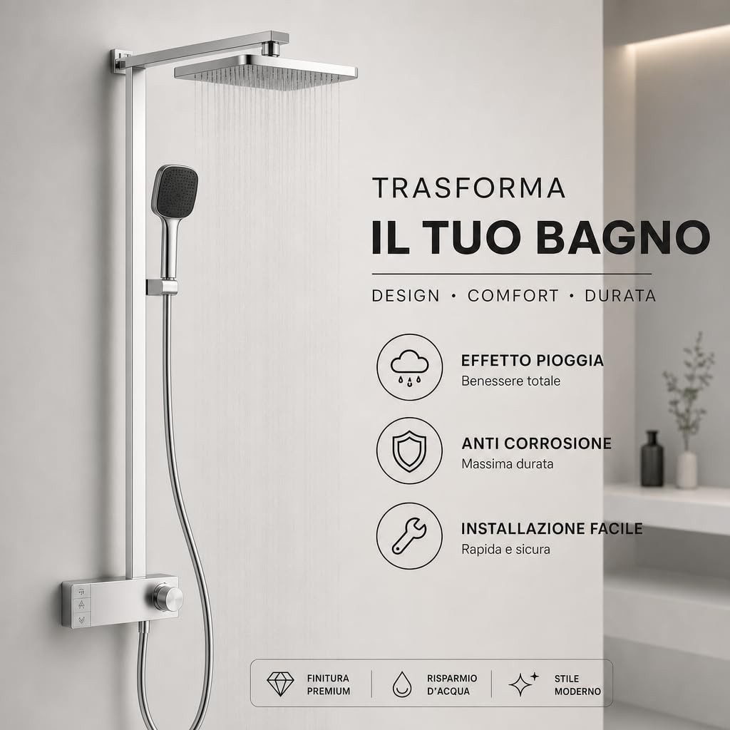 INEX EUROPA Colonna Doccia Nero Grigio Titanio Premium Acciaio Inossidabile 10 Anni di Garanzia - Colonna Doccia Quadrata Effetto Pioggia 3 Modalità di Funzionamento - Doccia 137cm Nero Grigio Titanio