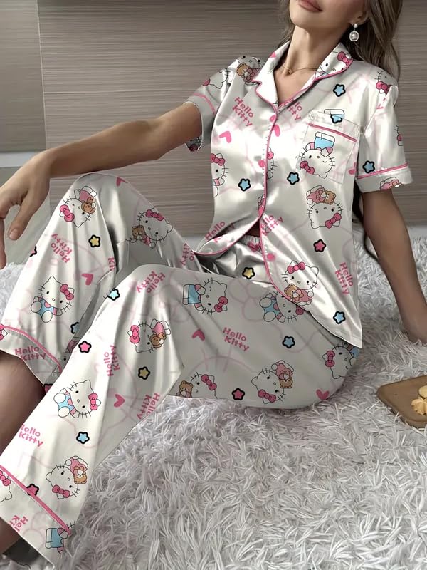 Image of Night Suit for Women with Full Sleeve Button-Down Top with Pant Dress for Woman,Night Dress for Woman, Two-Piece Loungewear Set