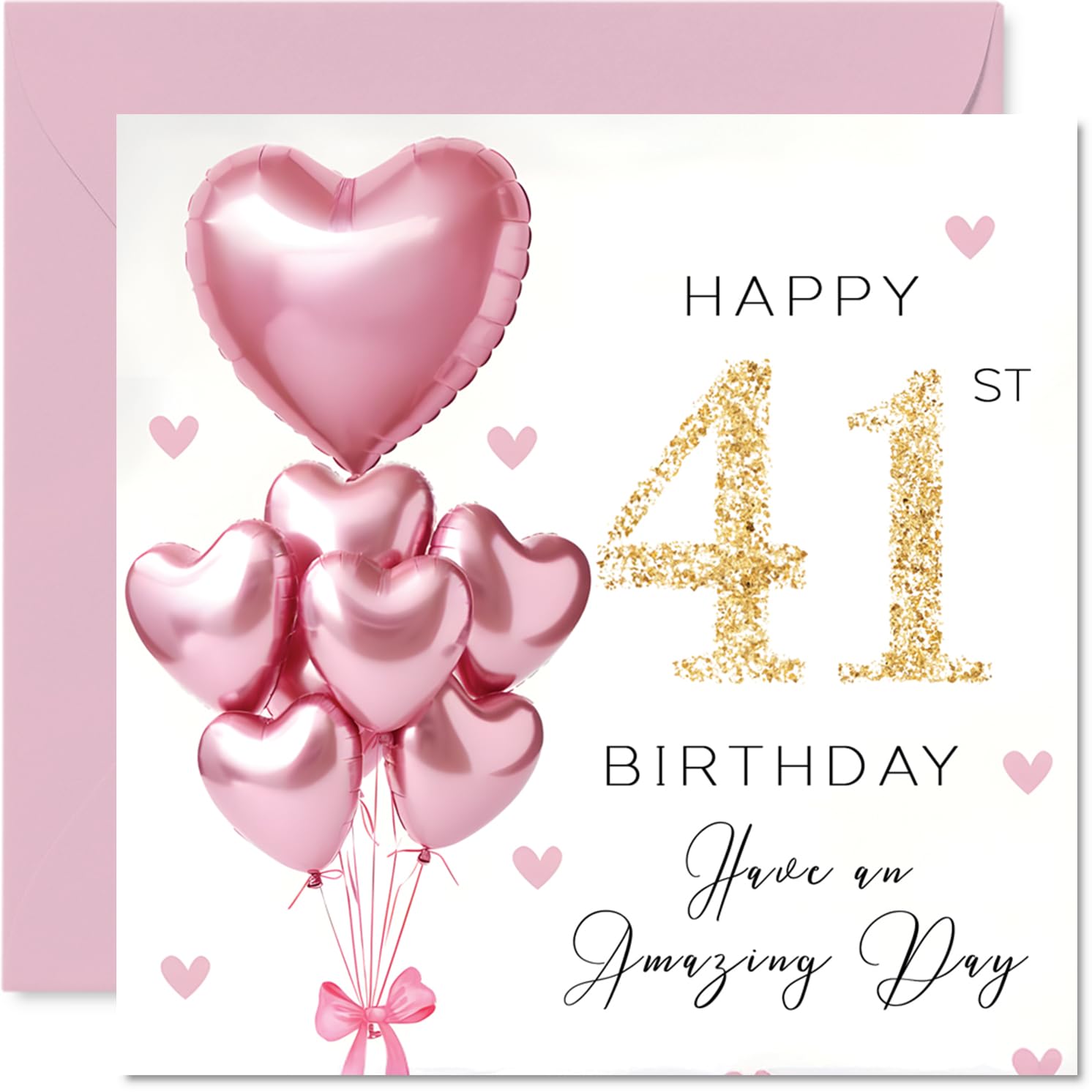 41st Birthday Cards for Women - Pink Glitter Balloons - Happy Birthday Card for 41 Year Old Woman Niece Neighbour Wife Auntie, 145mm Bday Greeting Cards