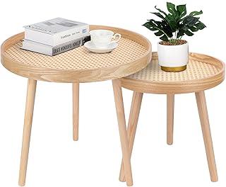 Round Coffee Table Set of 2, Natural Boho Coffee Tables, Small Mid Centu...