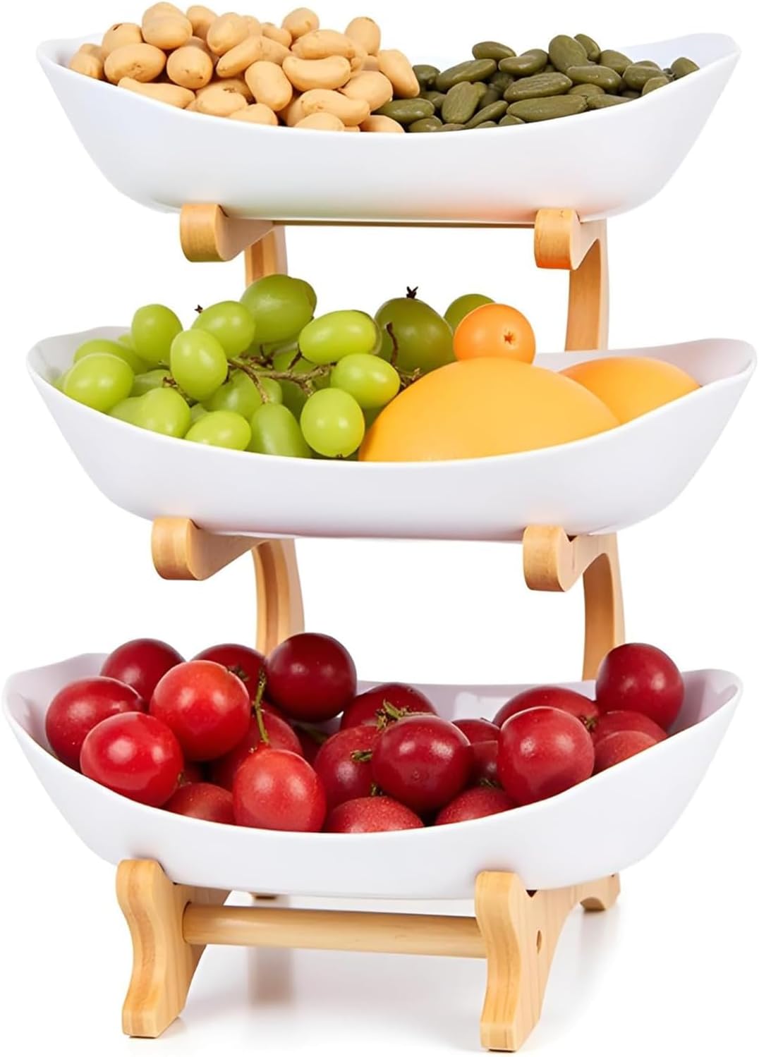 Fruit Bowl for Kitchen Counter, 3 Tier Plastic Serving Bowls with Bamboo Stand, Tiered Fruit Basket for Fruits Vegetable Storage, Cake, Dessert, Nuts, Snack, Salad for Party Wedding (White)