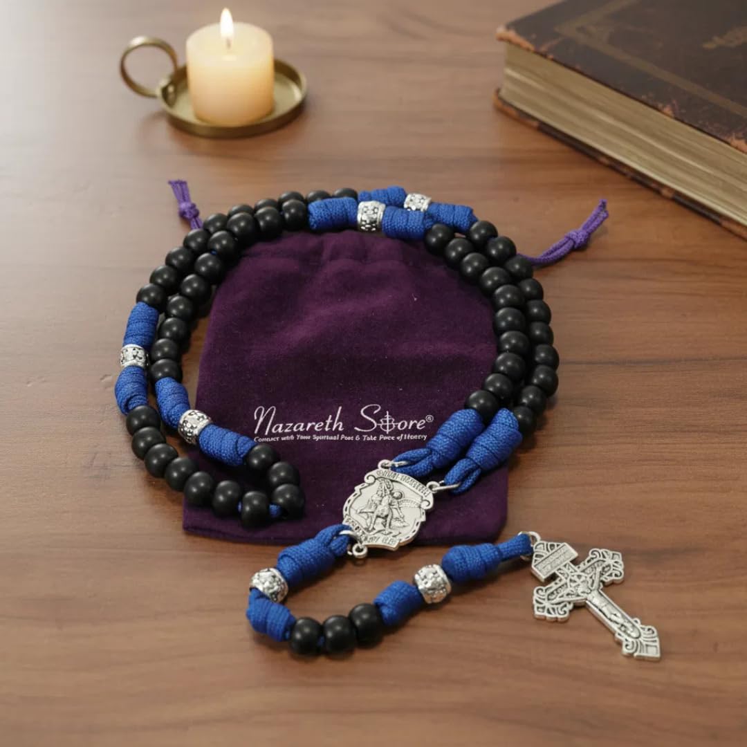 Nazareth Store Collana con rosario in paracord, perline in metallo resistente da 10 mm, rosario cattolico del Padre Nostro con crocifisso del perdono