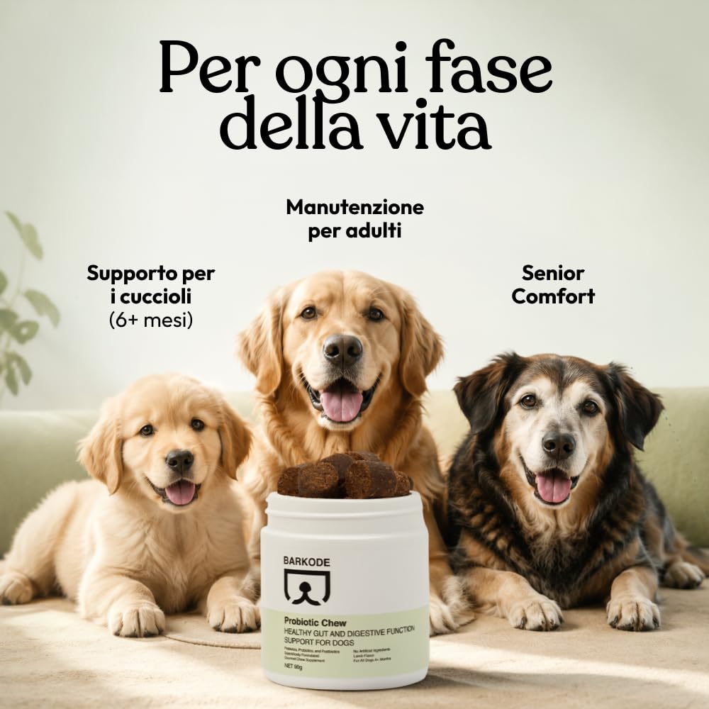 BARKODE Probiotico per Cani – Integratore Digestivo con Probiotici, Prebiotici e Postbiotici, Supporta Microbioma Intestinale e Digestione, Gusto, Senza Coloranti Artificiali, Prodotto in UE
