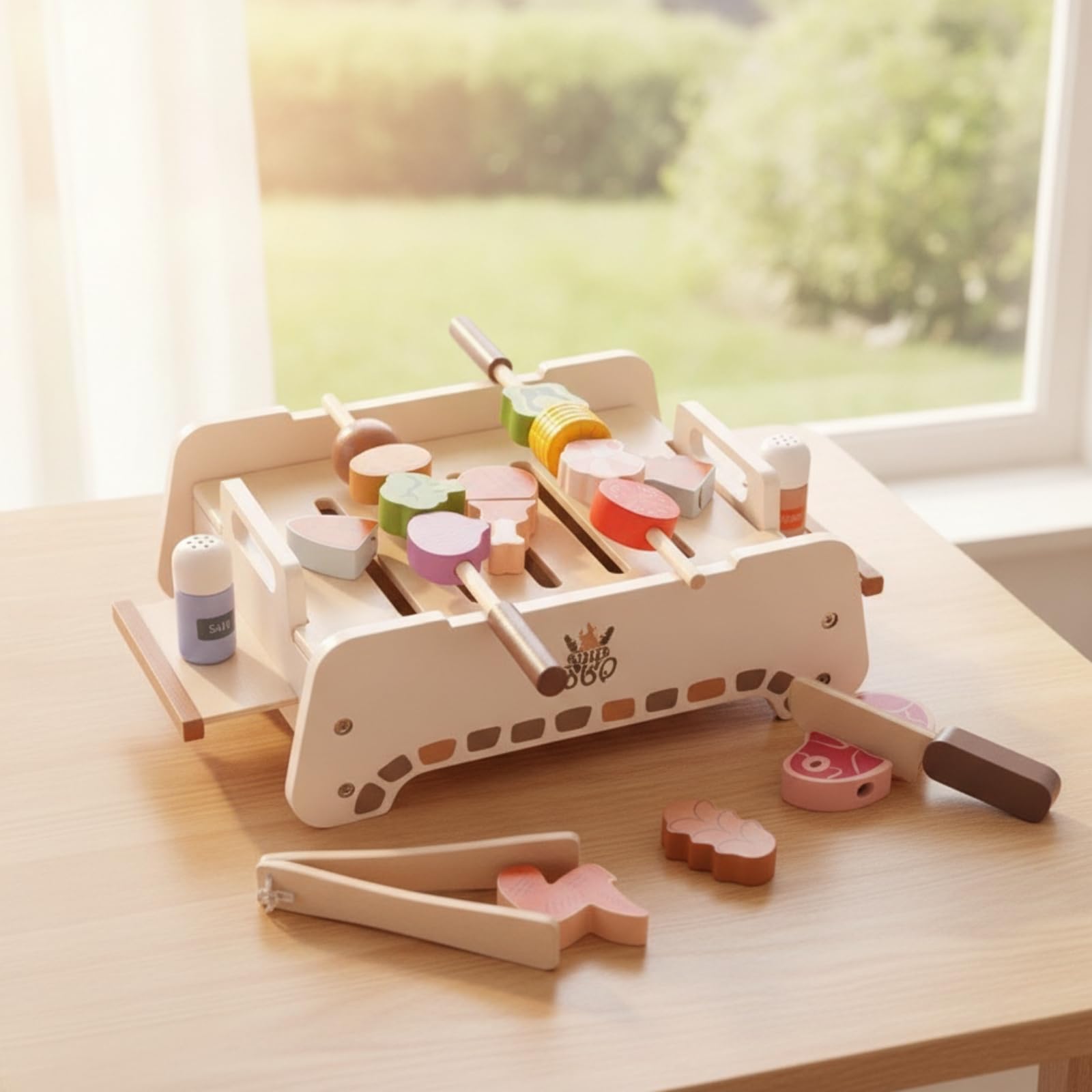 Spielzeuggrill Spielküche Grillset Grillspielzeug Grillzubehör Holz Holzgrill mit Abnehmbarem Grillrost Gewürzstreuern Und Zubehör Stärkt Hand Auge