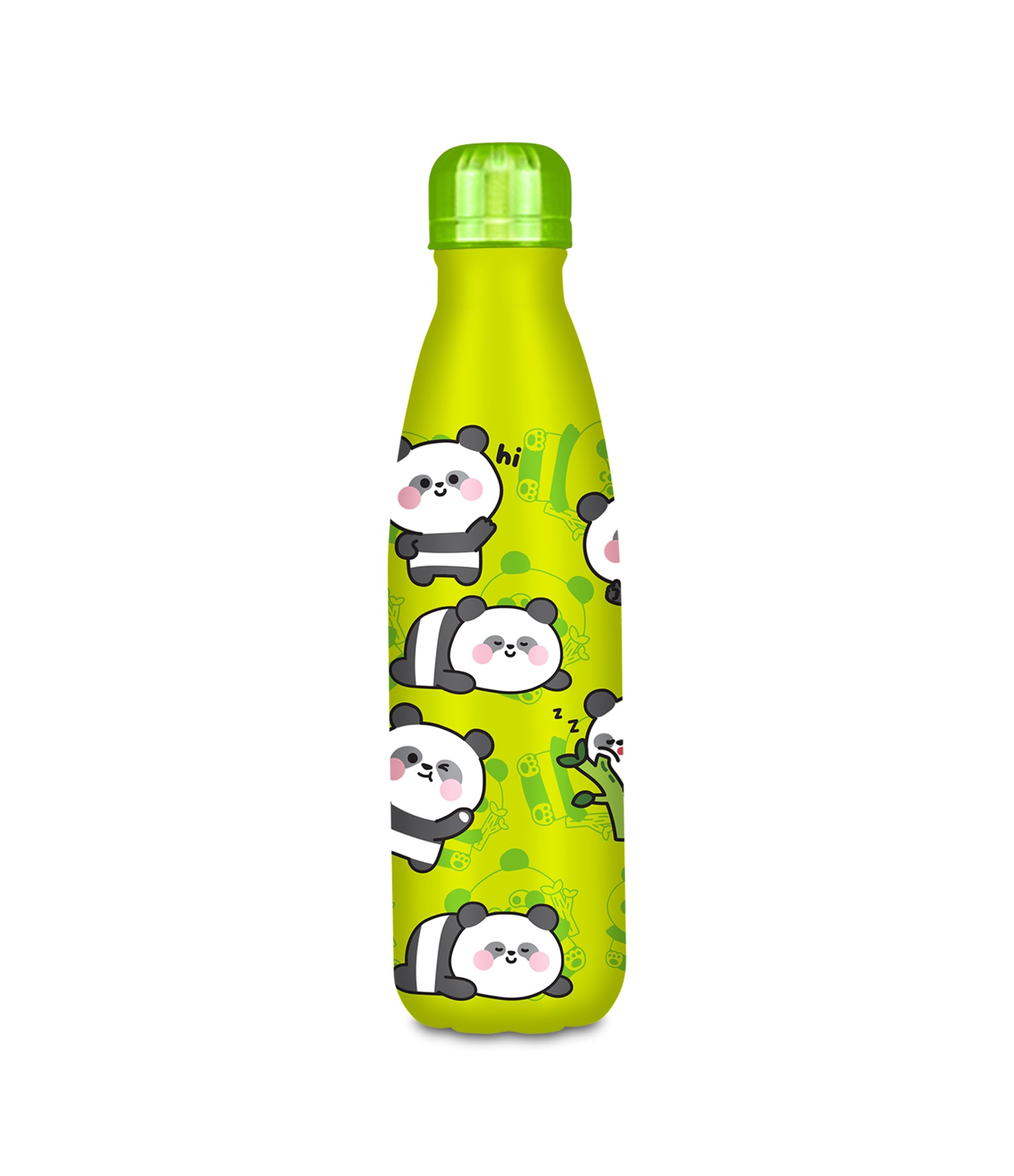 Cartomania Trinkflasche, Thermosflasche, Wasserflasche, Thermosflasche aus Edelstahl, BPA-frei, 500 ml, Silikondeckel, Kinder, Jungen, Mädchen, Geschenkidee, grün mit Pandas