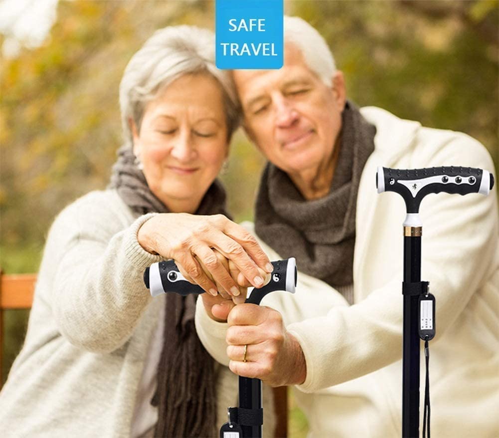 Bastón para personas mayores, bastón de altura ajustable con masaje magnético y tarjeta antipérdida, muletas ligeras con luces LED integradas, bastón antideslizante, hombre, mujer, anciano Keep it in