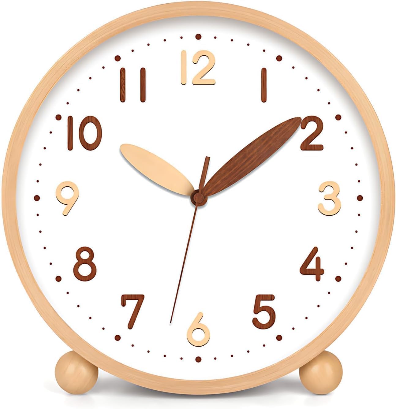 Plmmperation Wooden Table Clock,8in Silent Non-Ticking Desk Clock,Battery Operated Desktop Analog Clock for Living Room Bedroom Kitchen Office Classroom Decor (Log - Double Wood Font)