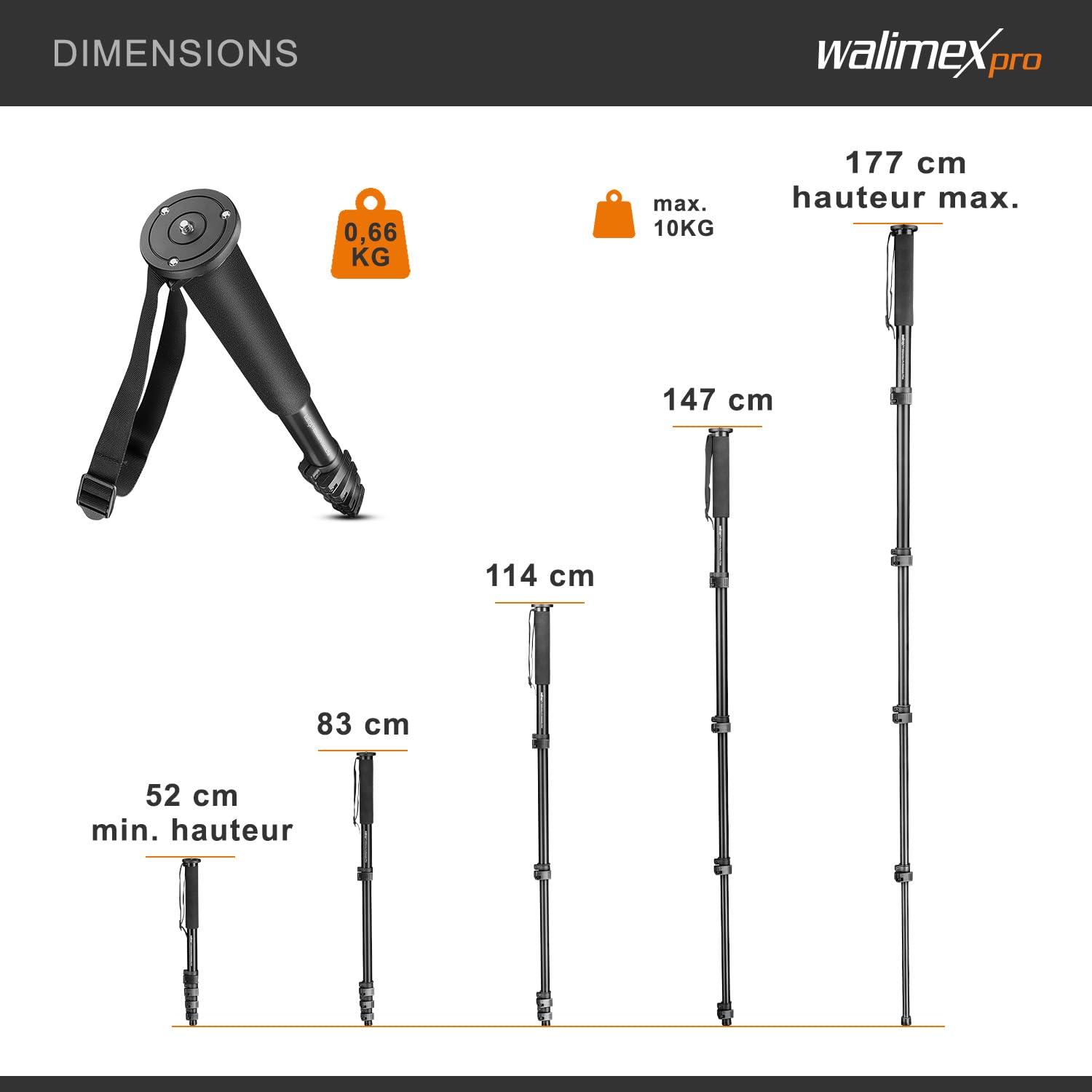 Walimex Monopied en aluminium FT-1502 (hauteur max. 177 cm, incl. dragonne et sac de transport)