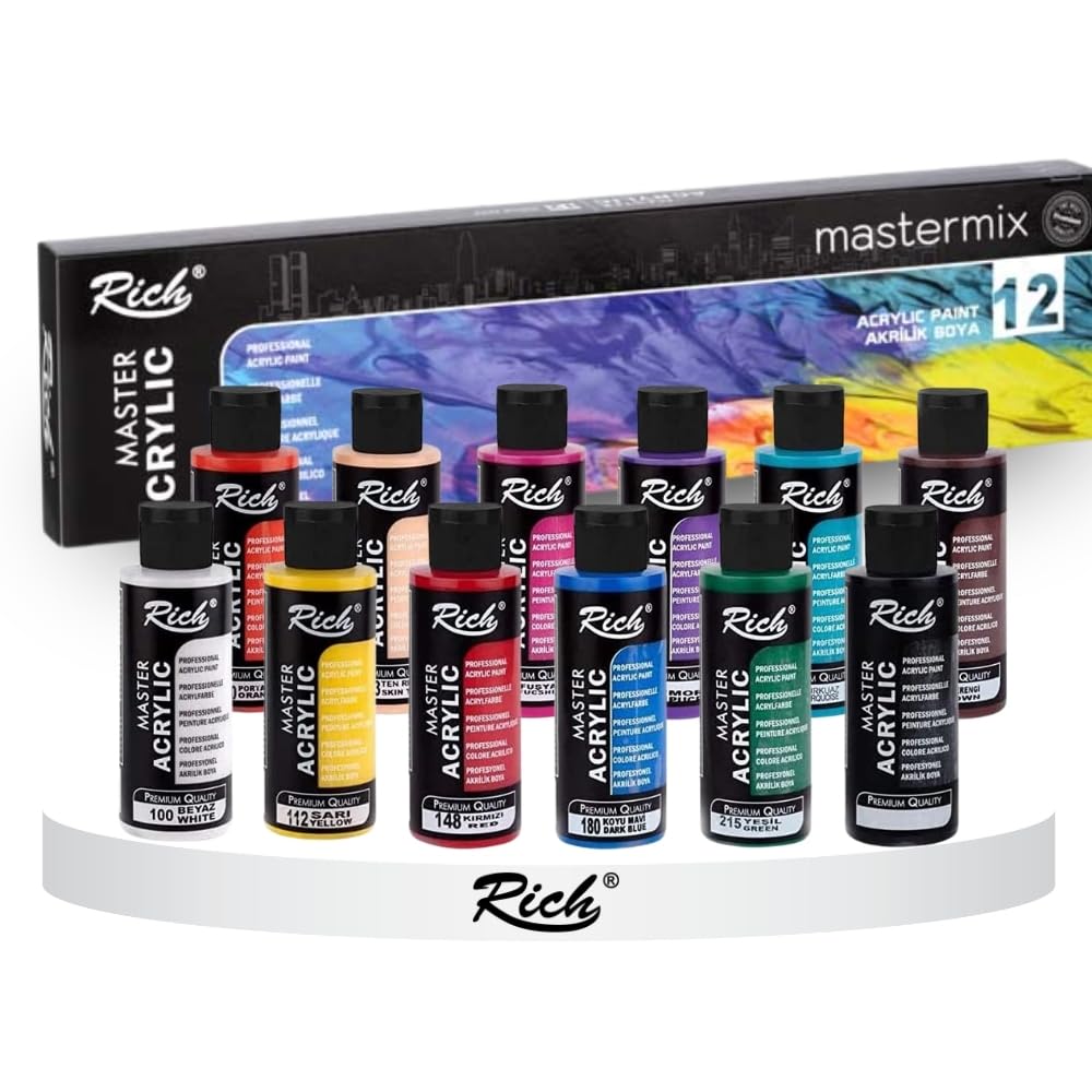 Rich Mastermix Acrylfarben Komplettset 24 Farben x 60 ml, 12 Standardfarben, 6 Neonfarben & 6 Metallicfarben jeweils 60 ml – Hochpigmentierte Künstlerfarben für vielseitige Kreativprojekte