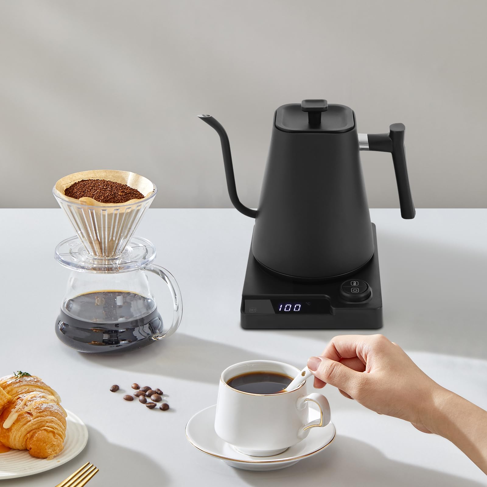 Hervidor de agua eléctrico de 1,7 L con regulación de temperatura, hervidor de agua a presión de 1200 W con pantalla LED y 24 horas