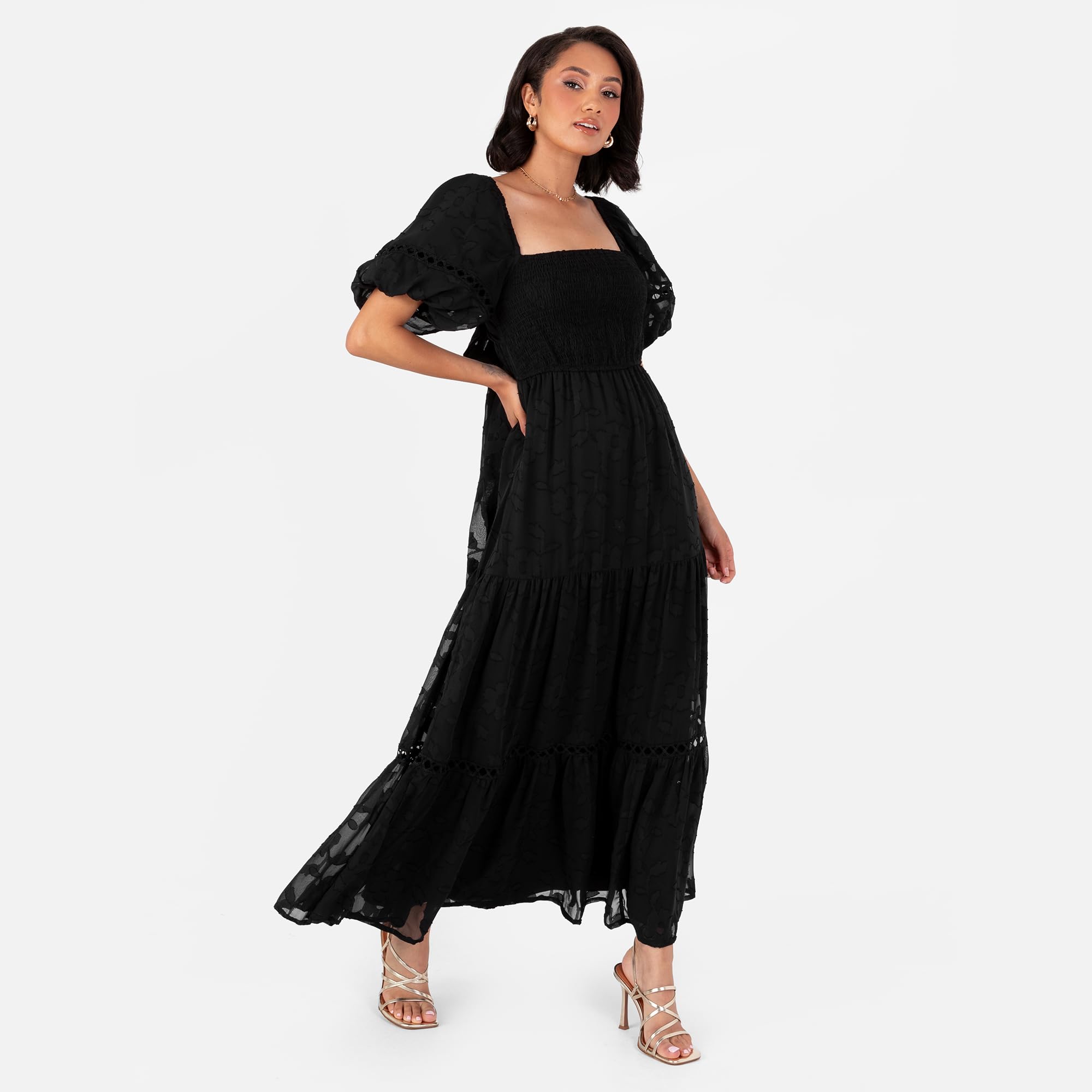 Lovedrobe Women's Maxi Dress Ladies Square Neckline Puff Sleeve Tiered Hem Floral Chiffon Shirred A-Line Tie Back Milkmaid Dress Mujer (Pack de 1)