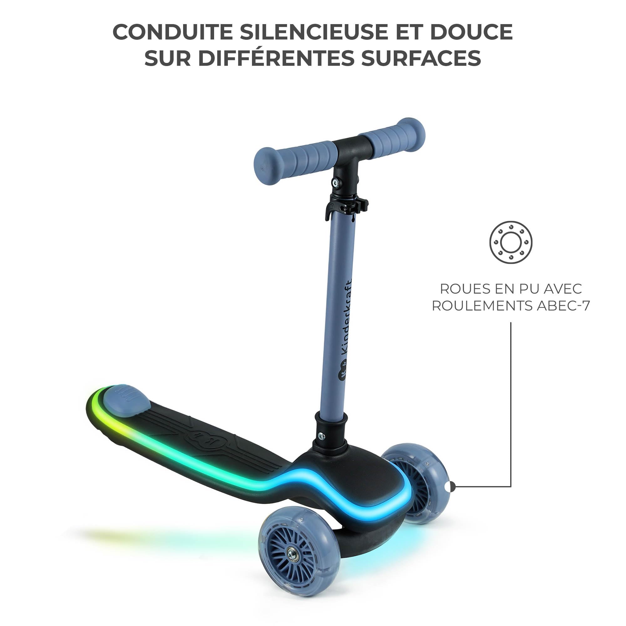 Kinderkraft RAKET Trottinette pour Enfants de 1 an à 50 kg, Trottinette, Roues LED, Guidon réglable en Hauteur, Design Moderne, Bleu