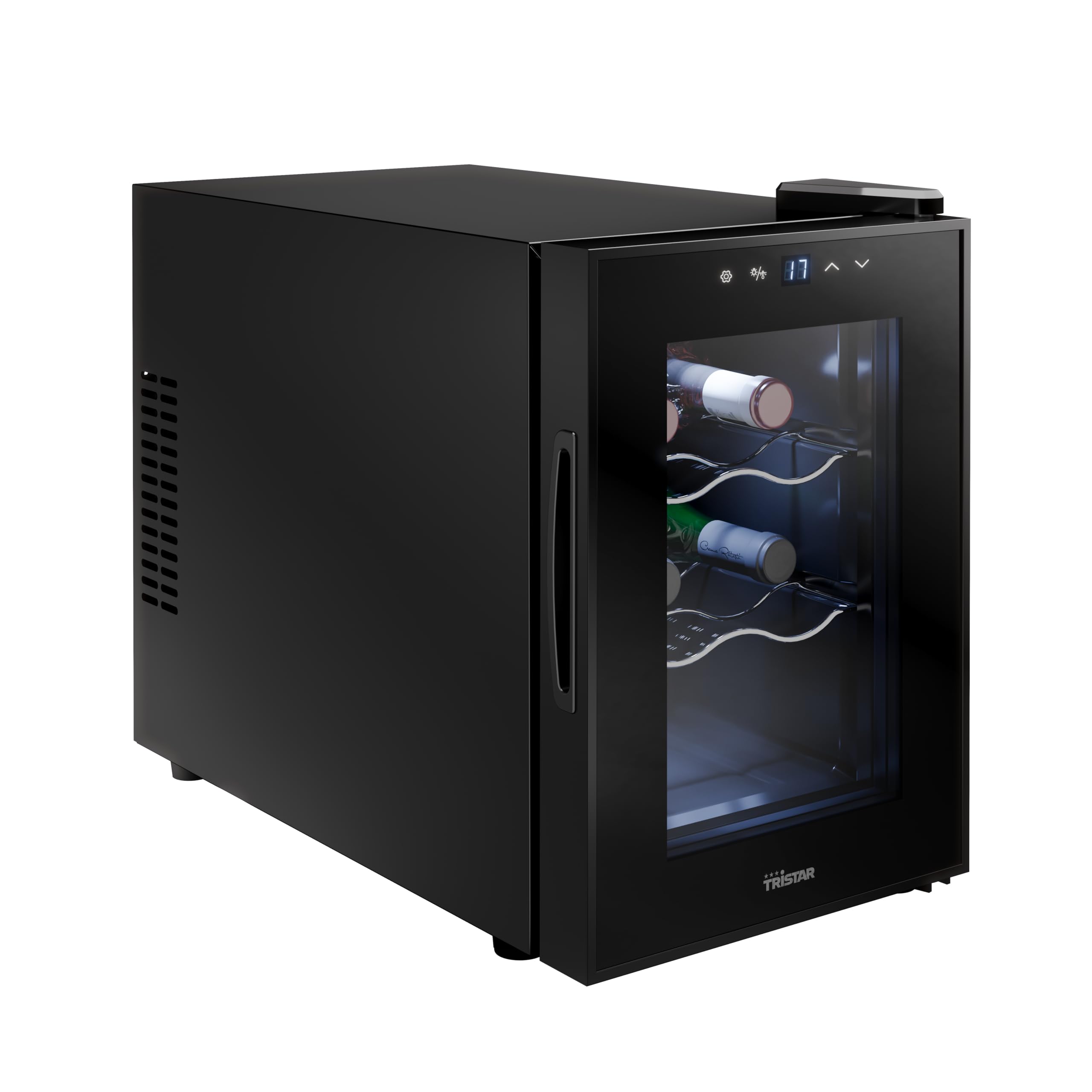 Tristar Vinoteca Termoeléctrica Grande Saignée, Para hasta 6 botellas, Silenciosa y estable, Puerta de vidrio, 4 niveles, Pantalla táctil LED, Iluminación interior, WR-7506