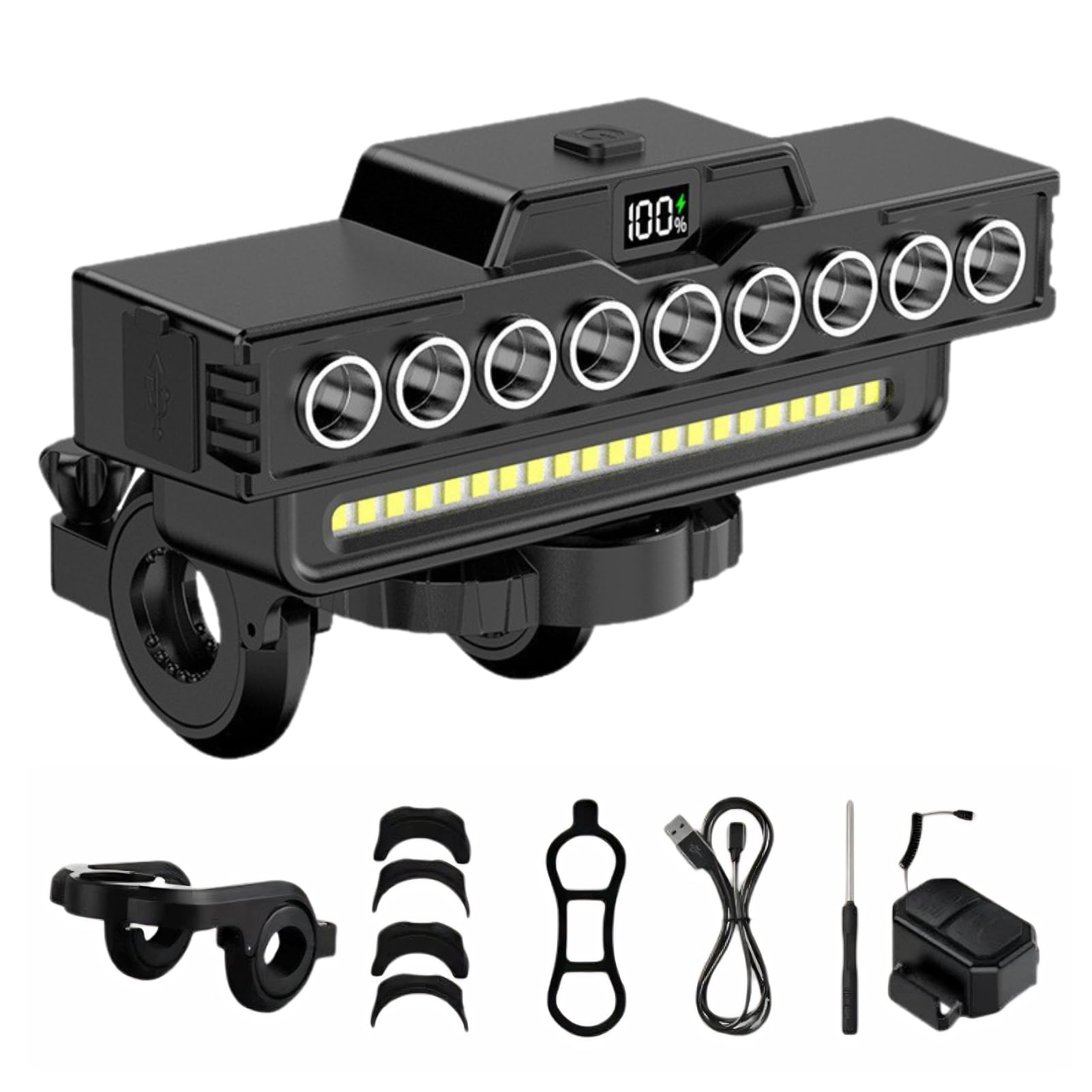 Bike Headlight with 120dB Electric Horn, 9 LED Super Bright Bicycle Light Bar, Bike Lights Front and Back Rechargeable, 7 Lighting Modes USB Rechargeable IPX5 Waterproof Front Light (No Taillights)