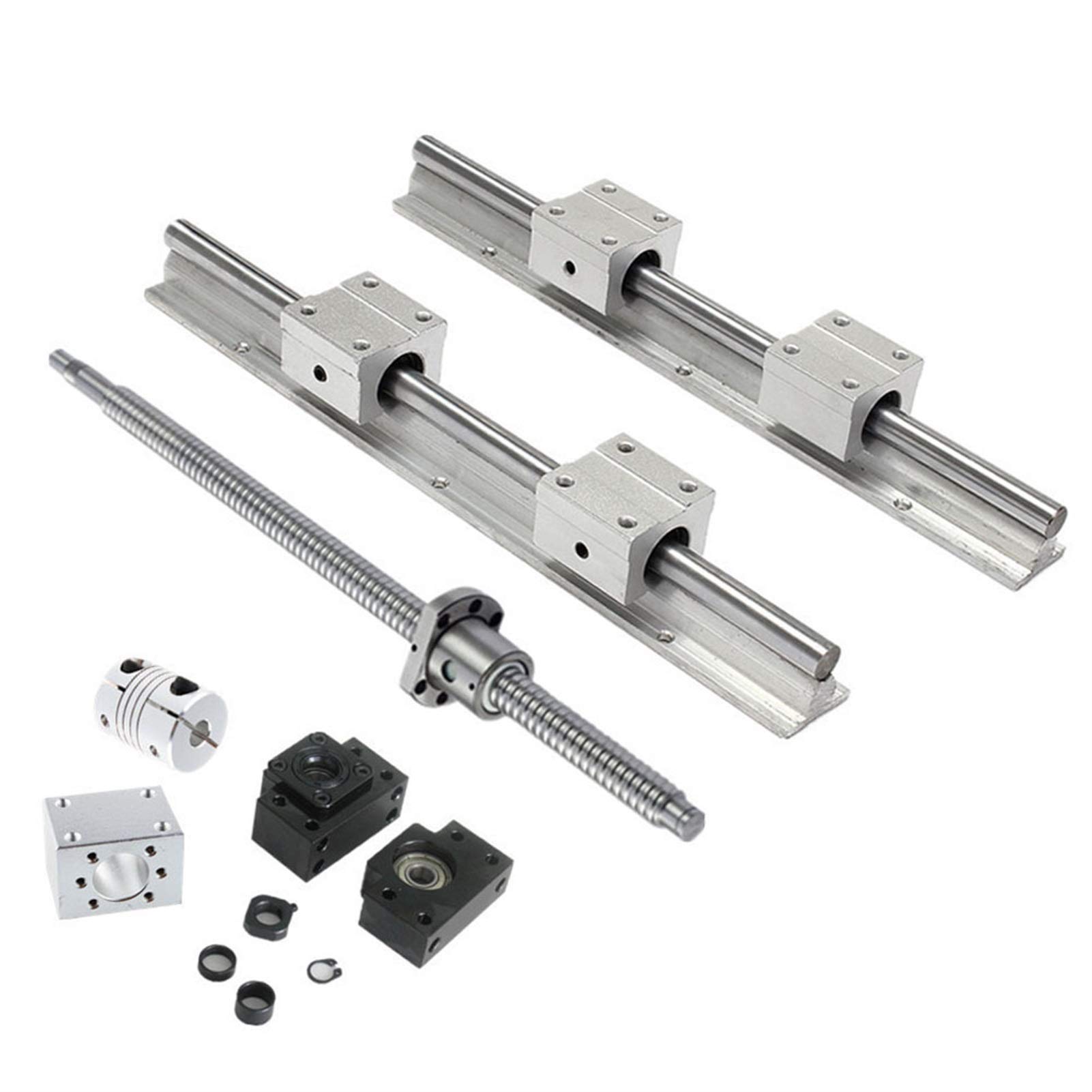 Riel lineal profesional (2 unidades SBR16 + 4 rodamientos de bloque SBR16UU + extremo husillo bolas mecanizado SFU1204 + carcasa tuerca 1204 + soporte BKBF10 + juego acopladores)(SFU600 SBR600)