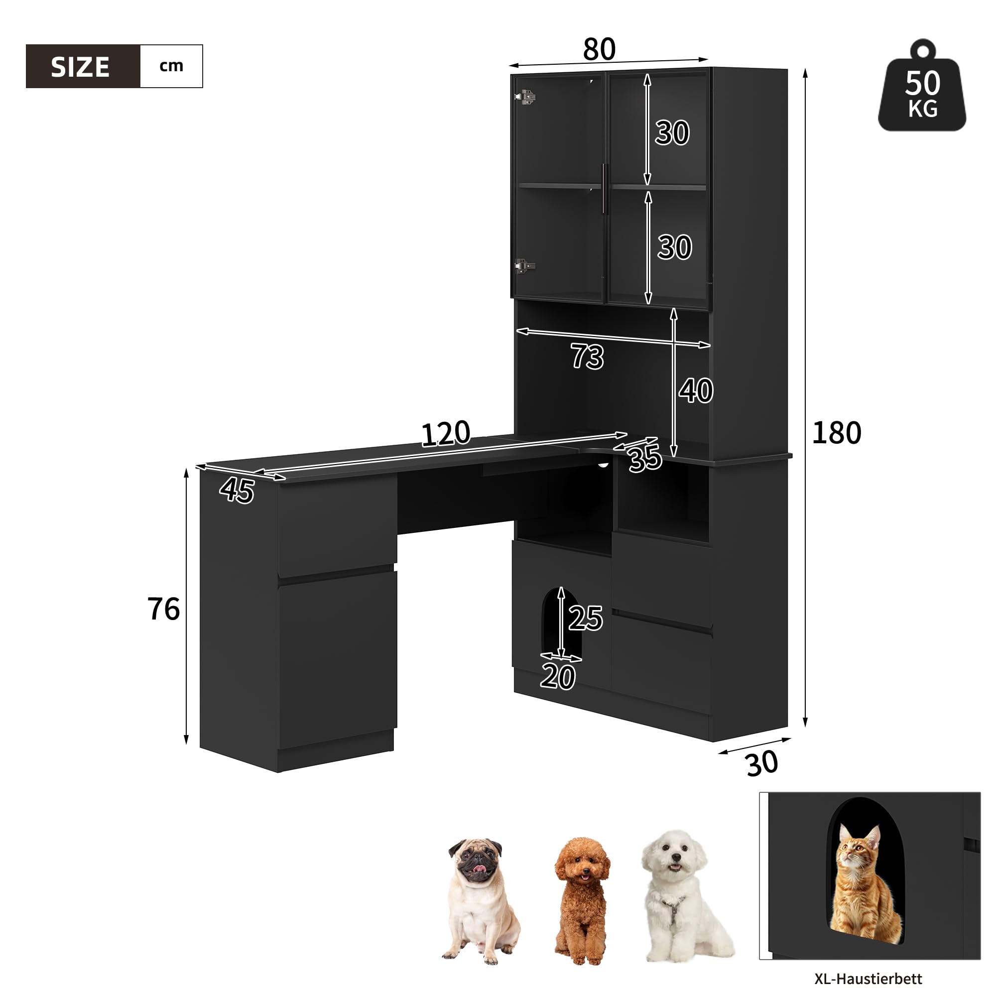 BTM Eckschreibtisch mit Regal und LED-Vitrinenschrank Schreibtisch Schrank mit Schubladen, Bücherregal und Haustierfach Schwarz
