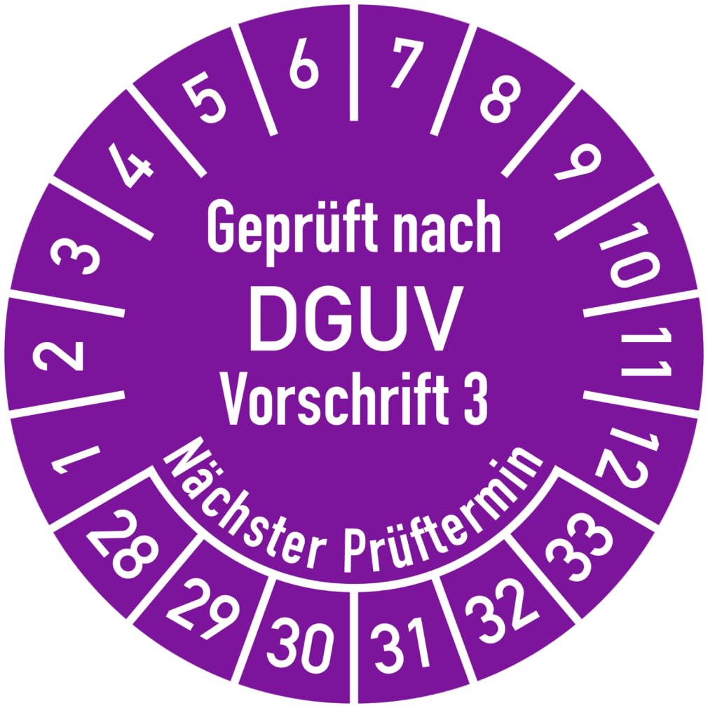 Dreifke® Prüfplakette Geprüft nach DGUV Vorschrift 3, Nächster Prüftermin, 2028-2033, Folie, Ø 25 mm, Rolle mit 500 Stück