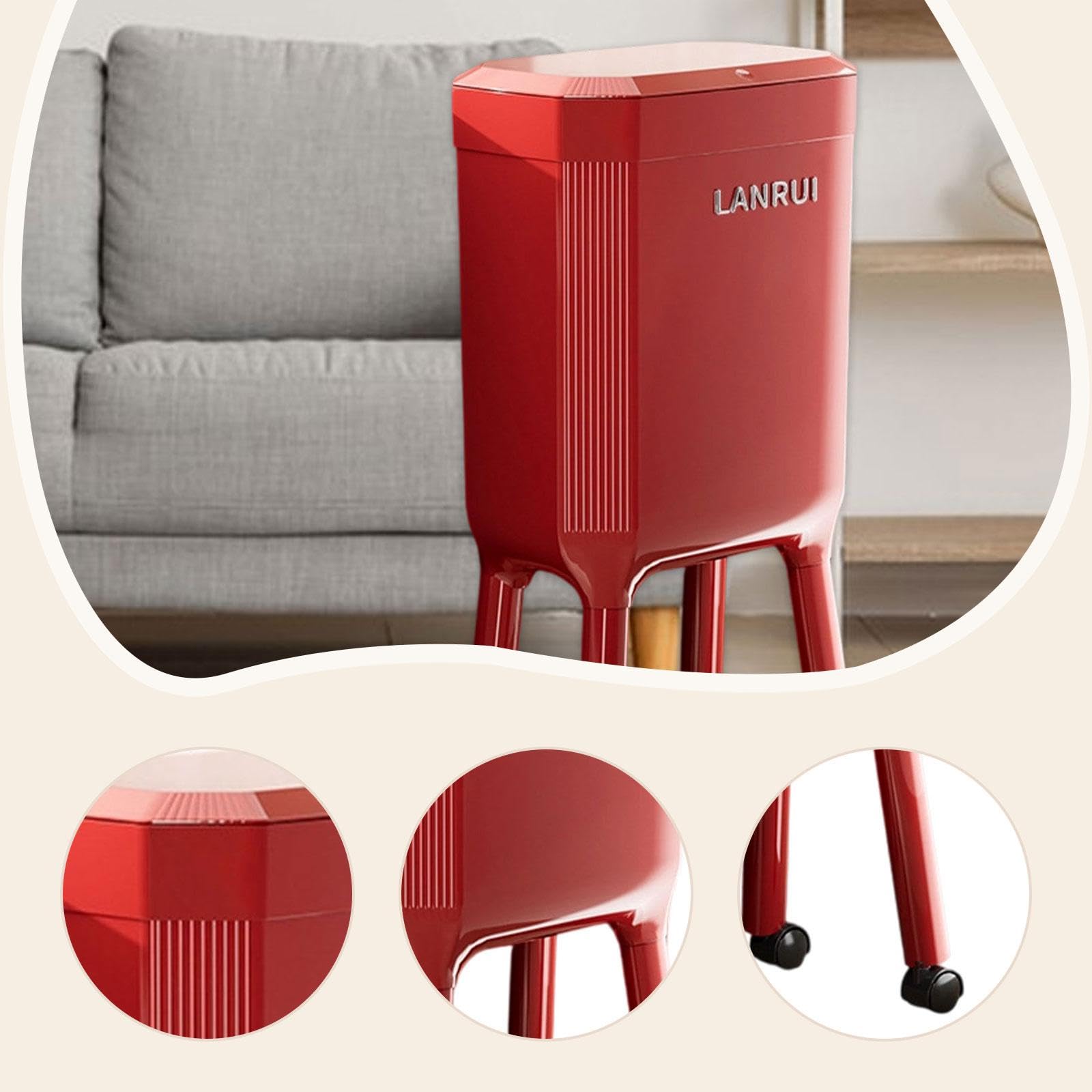 Pattumiera a Pressione con Ruote, Secchio per Carta straccia, pattumiera Versatile, Cestino Minimalista per Bagno e Camera da Letto, Rosso