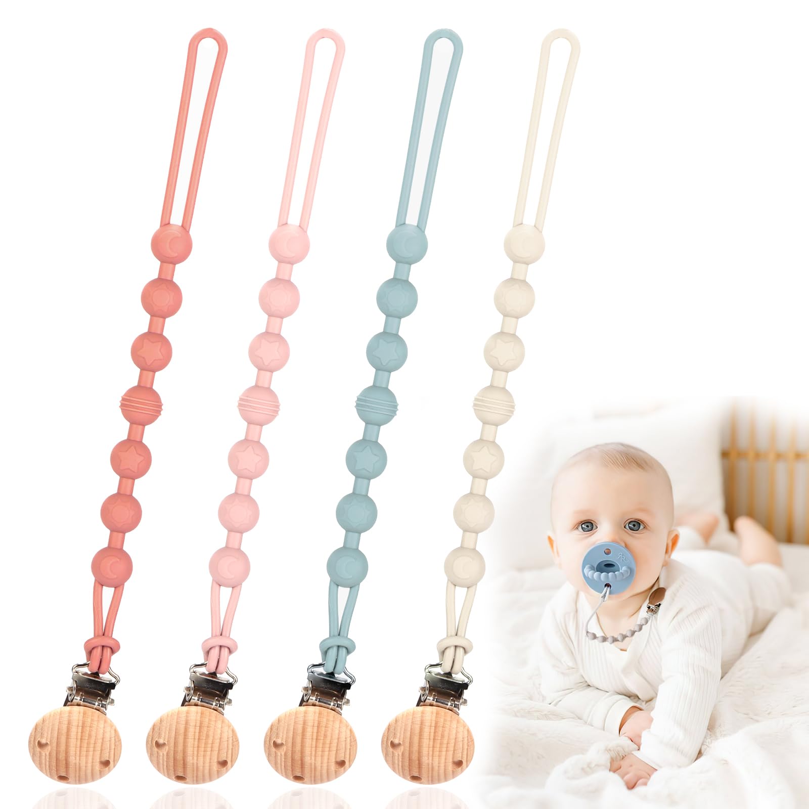 Dummy Clip, 4 Pack Silicone Dummy Clip for Baby Boys and Girls, Dummy Case, Keeps Pacifier Clean, Soft Flexible Soother Chains Clips, Soft Flexible Pacifier Clips for Boys and Girls