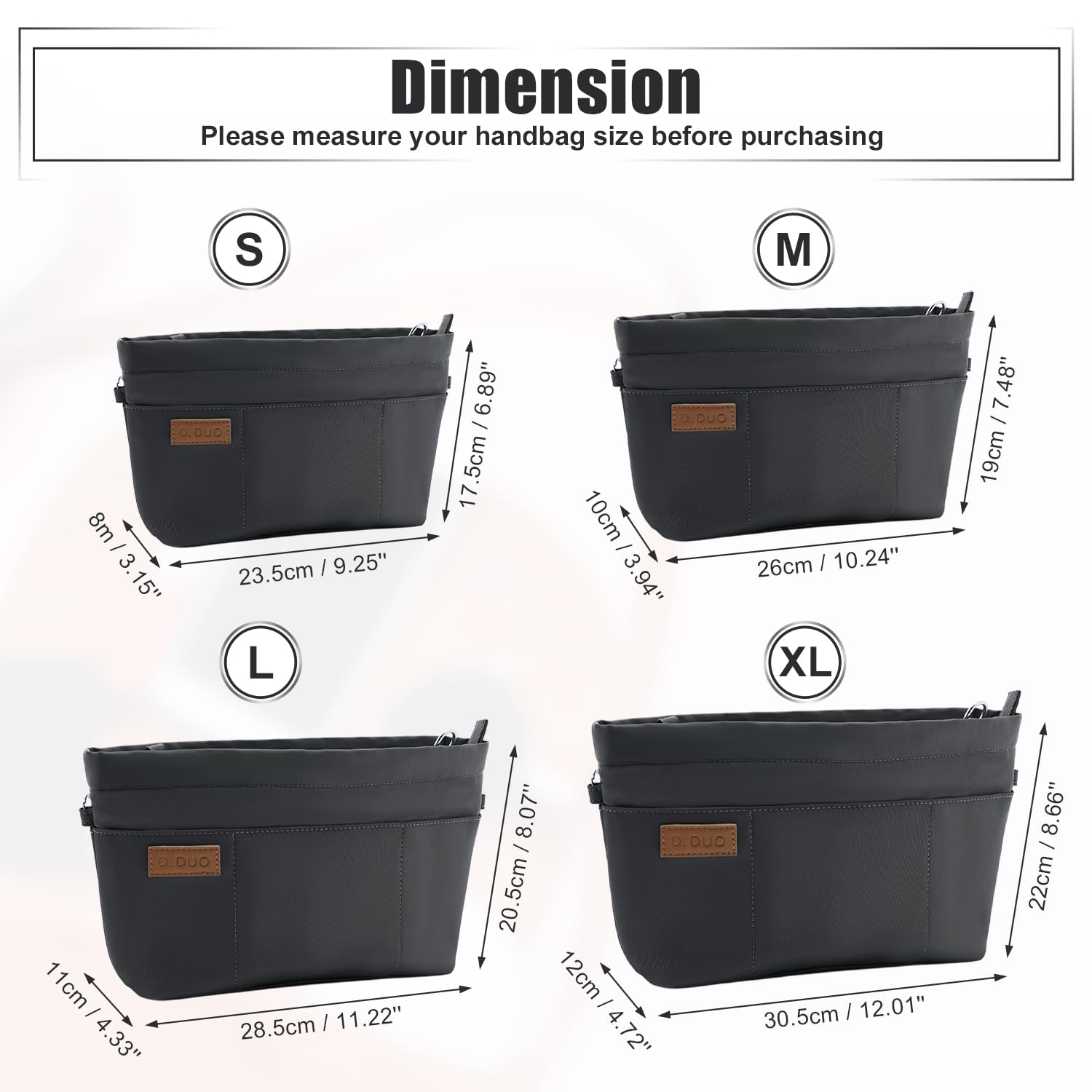 D.DUO Organizador de bolsos, bolso cruzado, organizador de bolsos con correa ajustable, insertos de nailon impermeables para bolsos (Gris oscuro, XL)