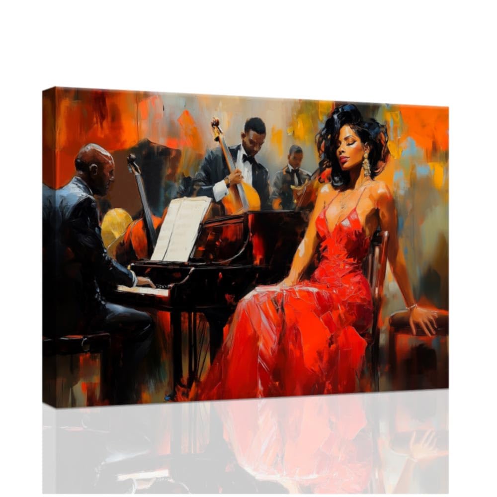 ZXHYWYM African American Music Wall Art Jazz Band Painting Abstract Black Music Canvas Pictures Musical Artwork Prints Music Theme Room Home Bar Decor Framed (Red, (70.00 x 105.00 cms))