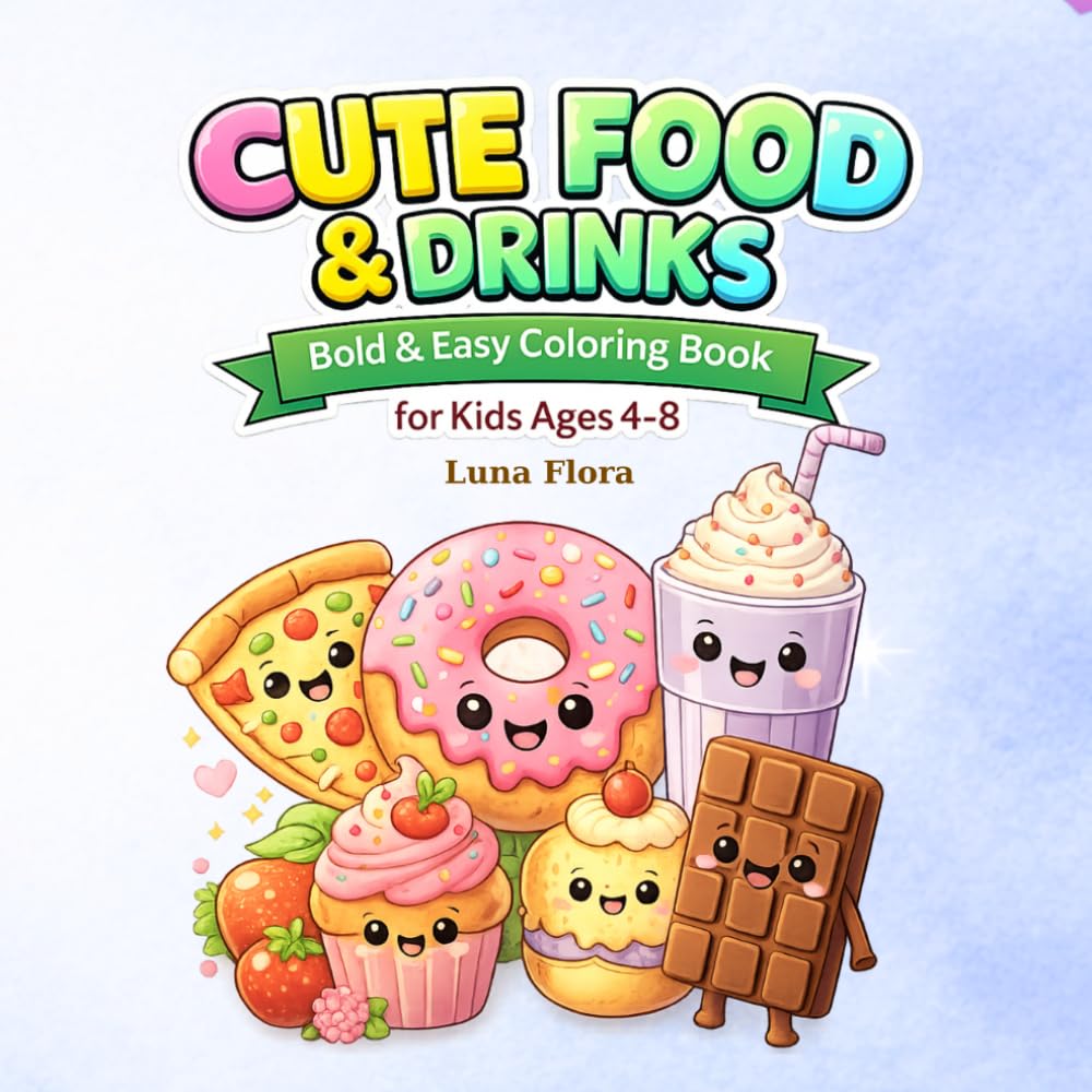 Cute Food&Drinks Coloring Book for Kids Ages 4-8: Bold and Easy Coloring Pages with Treats, Pizza, Fruits, and Drinks (Bold & Easy Coloring Book for Kids Ages 4-8)
